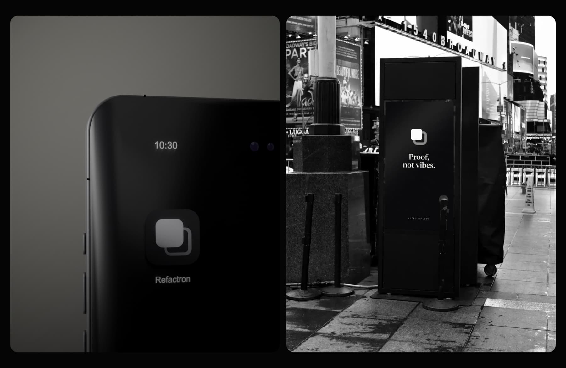 Two brand mockups: the Refactron app icon on an iPhone, and a Times Square kiosk showing Proof, not vibes.
