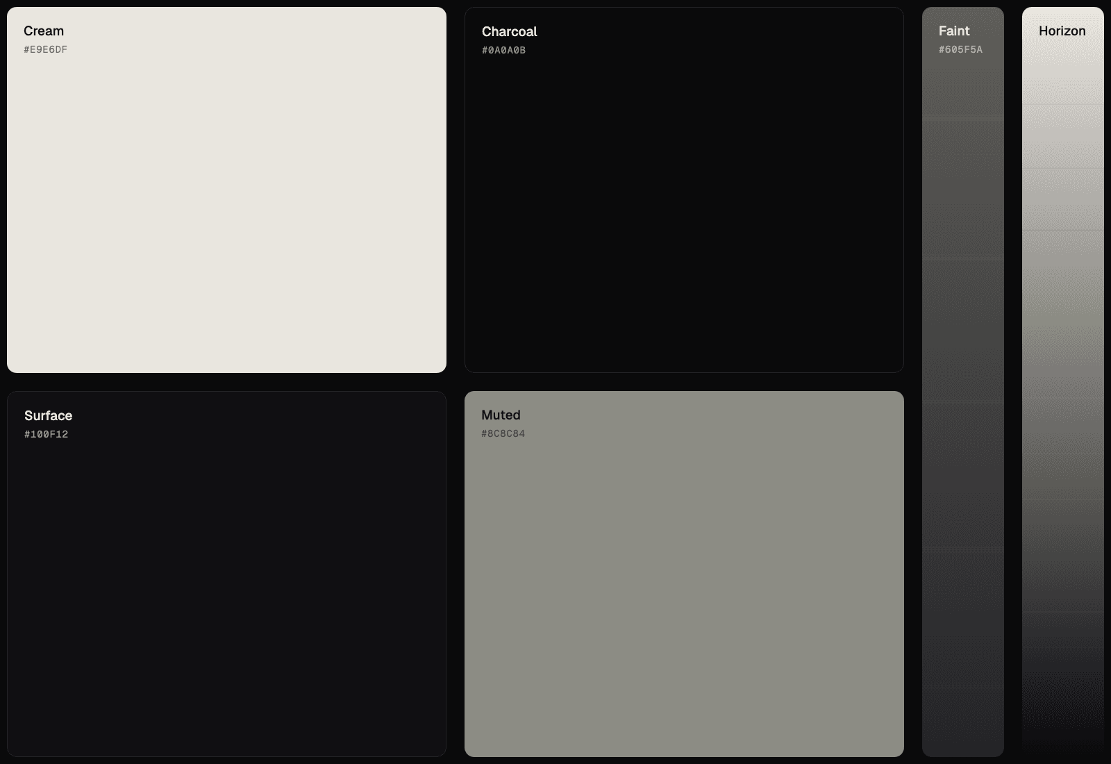 The Refactron palette: cream, charcoal, surface, muted, and two gradient strips.
