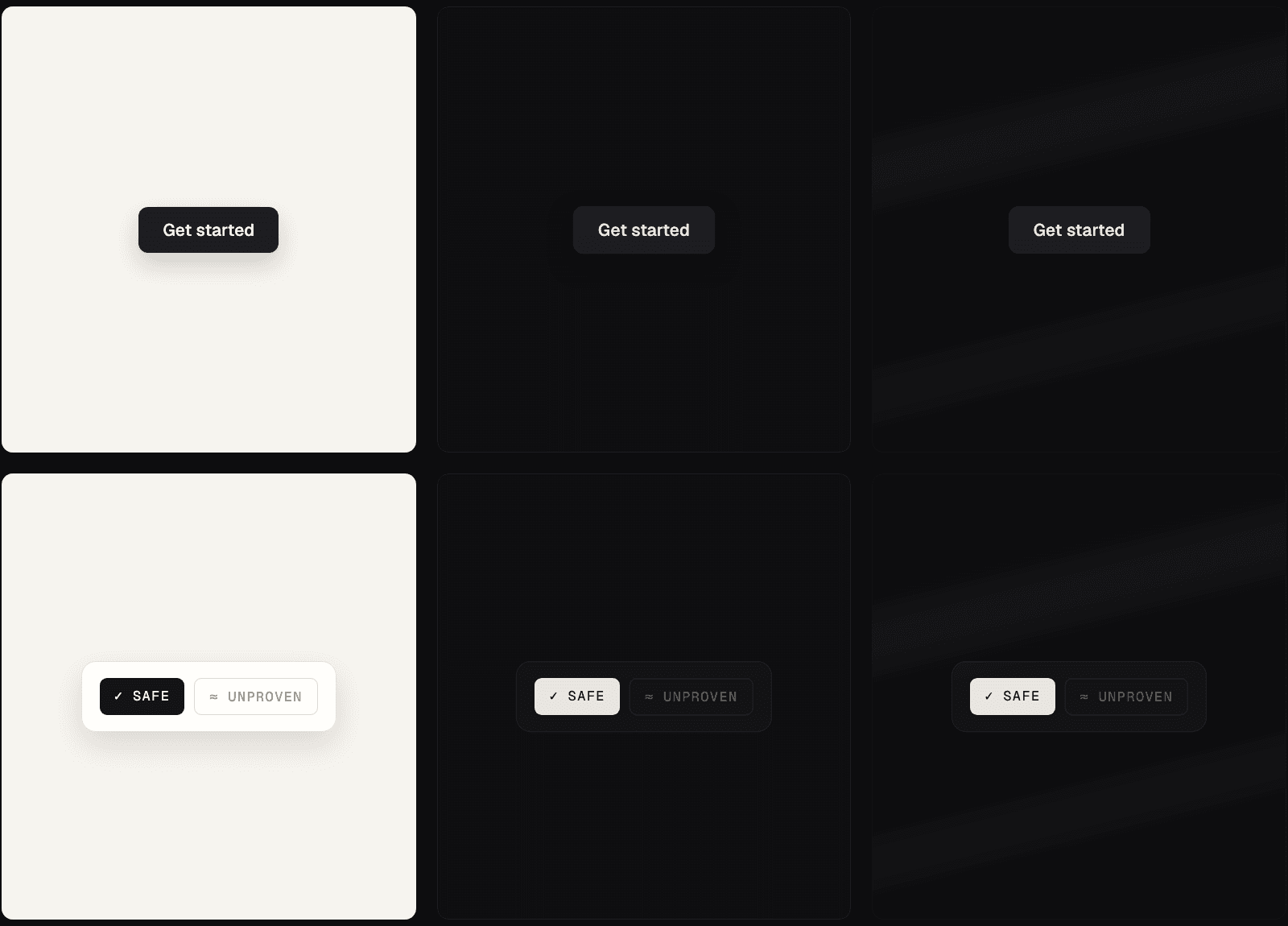 UI elements in three treatments: the primary button and the verdict chips on cream, dark, and textured dark grounds.