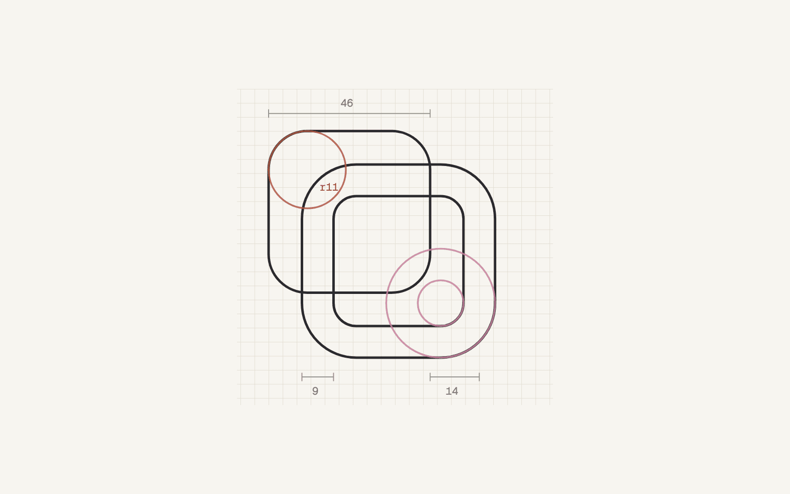 Construction drawing of the symbol on a grid, with corner radius circles and dimensions.