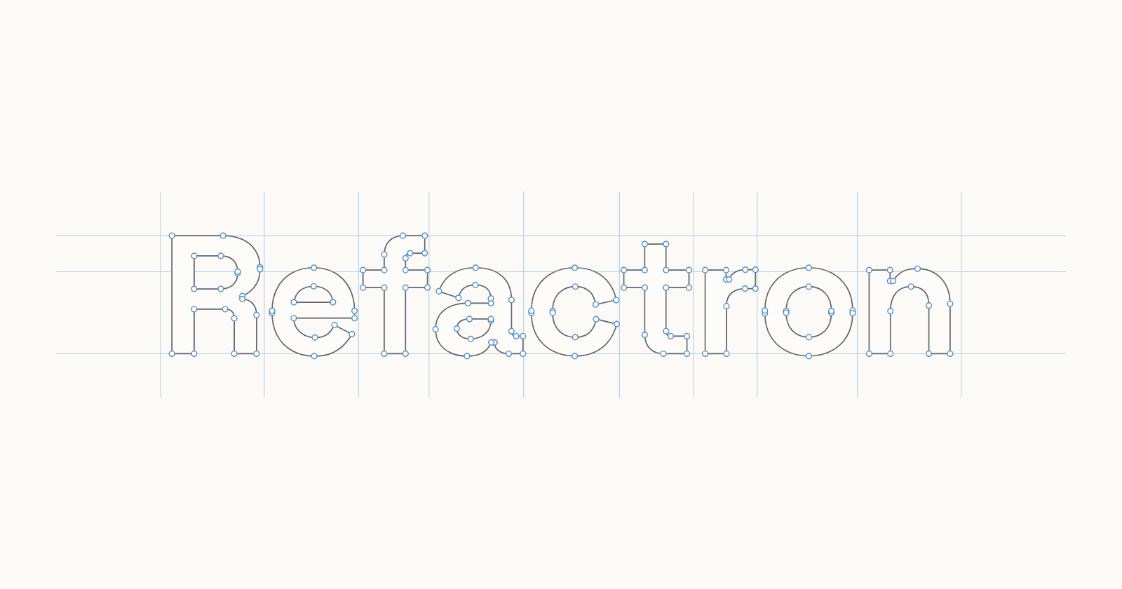 The Refactron wordmark opened in a type editor, showing anchor points and alignment guides.